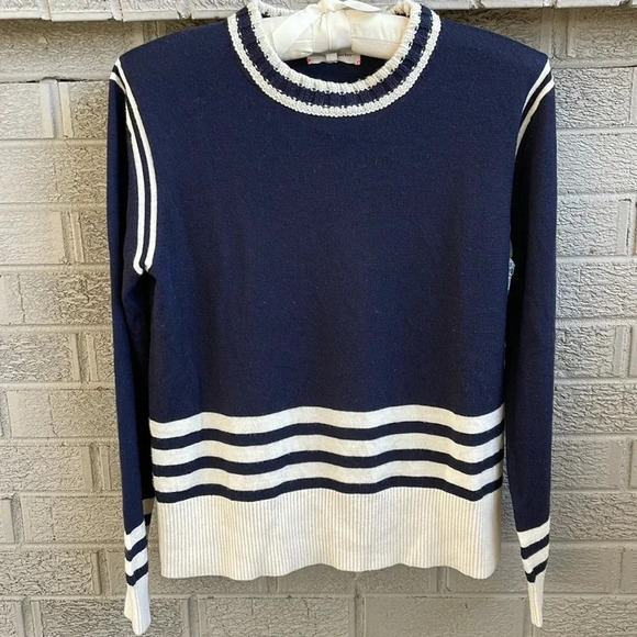 Chinti and Parker Navy and White Striped Wool Sweater- L - Picture 1 of 6